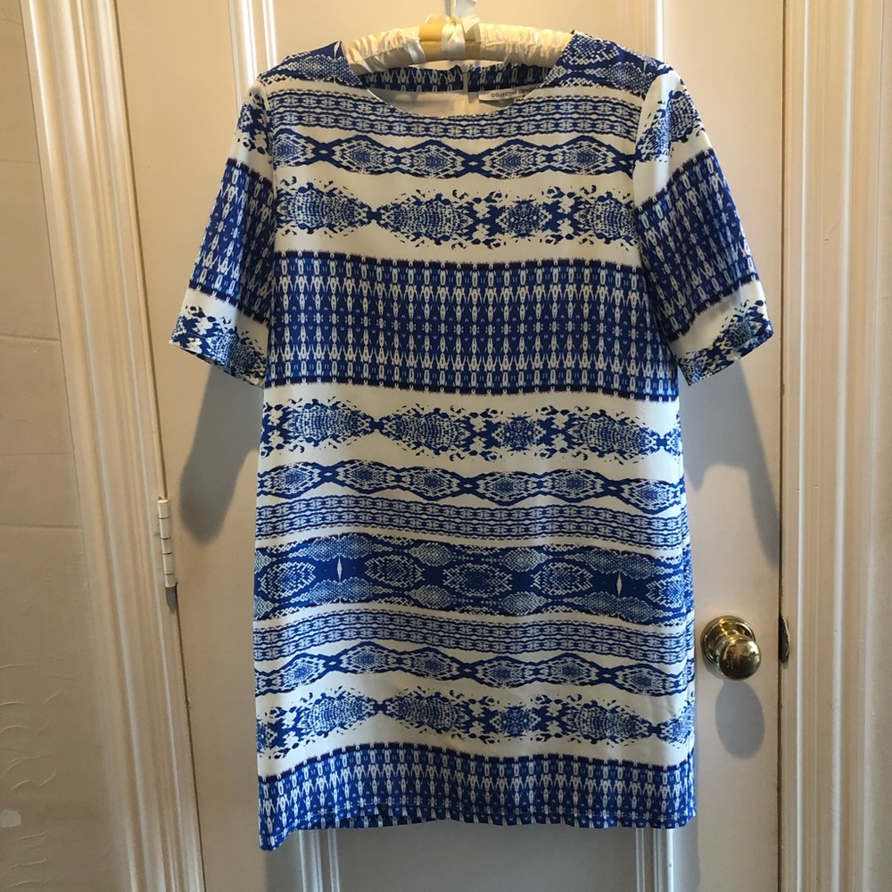 Blue and white sheath dress